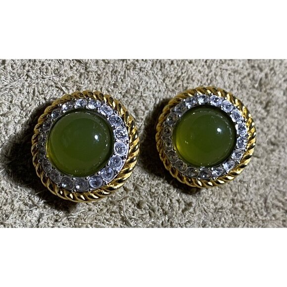 Vintage Joan Rivers Goldtone Clip-On Earrings Crystals & Green Translucent Stone - Picture 9 of 9